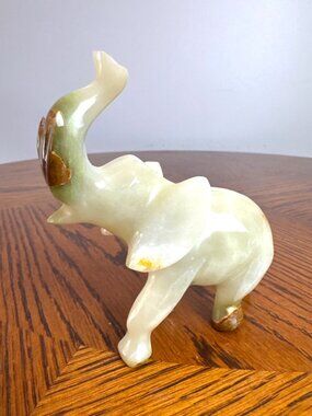 Hand-Carved Jade Elephant Figurine Trunk Up 4" Home Decor Statue